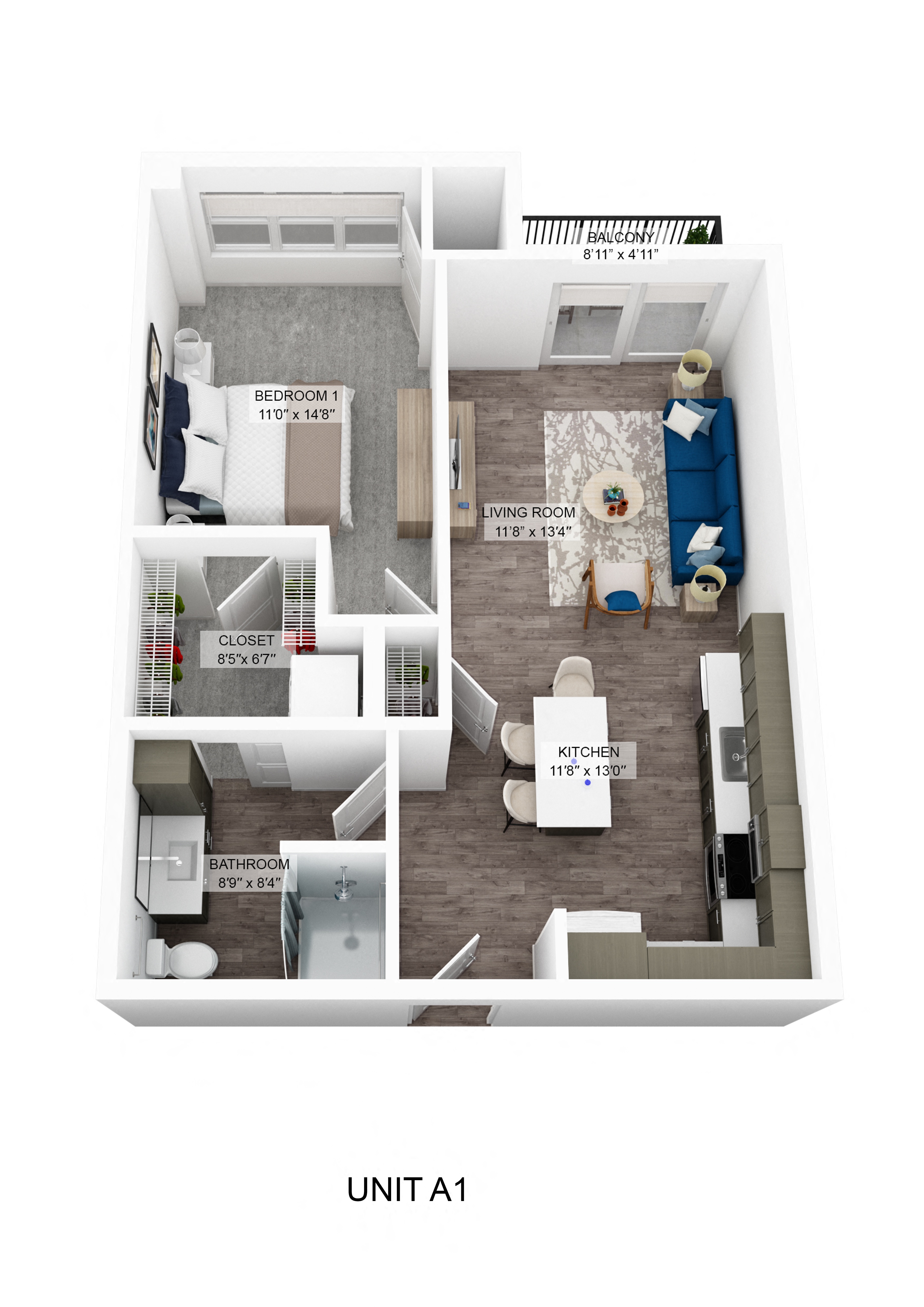 Floor plan for 1 bed, 1 bath, 721 sqft